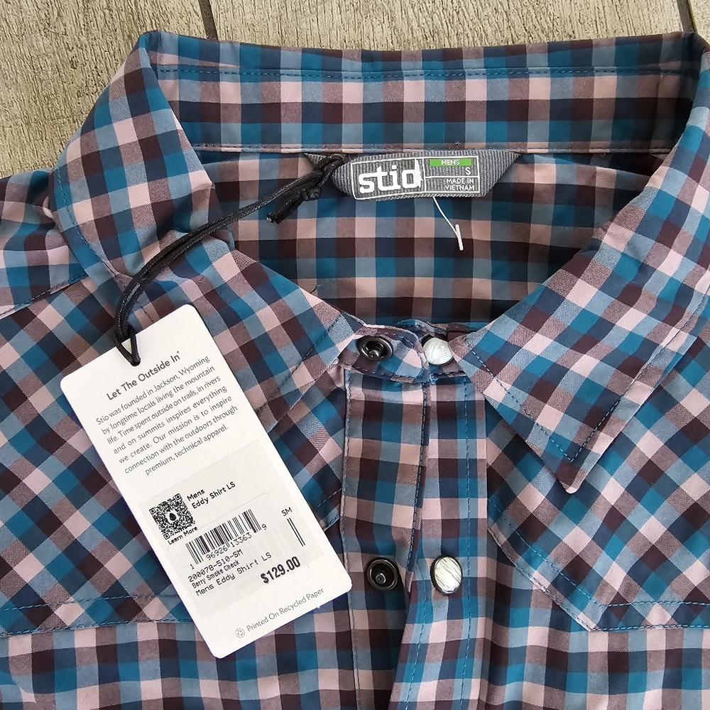 Stio Eddy Long Sleeve Shirt Mens Blue Check Hiking Outdoors Camping REI New NWT - Picture 5 of 5